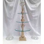 3 TIER GLASS DISPLAY STAND & 2 LARGE GLASS VASES