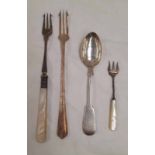 2 SILVER PICKLE FORKS WITH MOTHER OF PEARL HANDLES AND ONE OTHER SILVER PICKLE FORK AND SILVER
