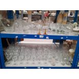 LARGE SELECTION GLASS WARE ON 2 SHELVES