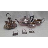 3 PIECE SILVER PLATED TEASET, SILVER PLATED EGG EPERGNE,