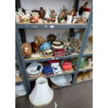 LARGE SELECTION PORCELAIN AND OTHER FIGURINES, MANTLE CLOCK, BAROMETER & CLOCK ON MAHOGANY BOARD,