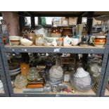 SELECTION OF ART POTTERY, GLASSWARE, MANTLE CLOCK, METAL WARE,