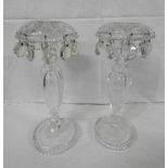 PAIR OF CUT GLASS CANDLESTICKS WITH FACETED DROPS