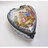 19TH CENTURY LILLE ENAMEL HEART SHAPED JEWELLERY BOX DECORATED WITH COURTING COUPLE - 8CM LONG