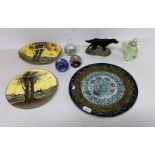 3 DOULTON PLATES, CARLTON WARE FIGURE, ISLE OF WIGHT GLASS BOTTLE, 2 CAITHNESS GLASS PAPERWEIGHTS,