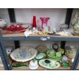 VARIOUS CRANBERRY AND ART GLASS VASES, VARIOUS SILVER PLATED CUTLERY, TABLE LINEN, CRESTED SPOONS,