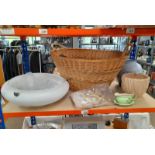 LARGE 2 HANDLED BASKET, GLASS CIRCULAR LIGHT SHADE & CHAINS, VARIOUS CAKESTANDS, TEXTILES,