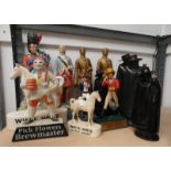 VARIOUS PORCELAIN AND OTHER WHISKY ADVERTISING FIGURES ON ONE SHELF