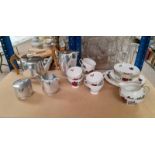 PICQUOT WARE 4 PIECE TEASET AND COLCLOUGH 6 PLACE TEASET ON ONE SHELF
