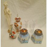 PAIR OF PAINTED GLASS LIGHT SHADES, PAIR OF CUT GLASS CANDLESTICKS, LOSOL WARE VASE,