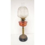 LATE 19TH CENTURY CRANBERRY GLASS & BRASS CORINTHIAN COLUMN OIL LAMP WITH ETCHED GLASS SHADE - 64