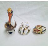 3 ROYAL CROWN DERBY PAPERWEIGHTS, BROWN PELICAN & 2 MOUSE.