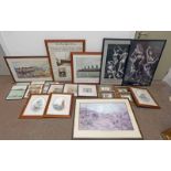 LARGE SELECTION OF PRINTS, ENGRAVINGS ETC TO INCLUDE ; VARIOUS MILITARY THEMED PICTURES,