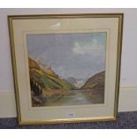 LEOPOLD HERTIC SOUREK LAKE LOUISE - CANADA SIGNED FRAMED WATERCOLOUR 33 X 34 CM