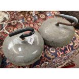 PAIR OF CURLING STONE INITIALLED DB WITH HANDLES