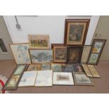 LARGE SELECTION OF FRAMED PRINTS, ETC TO INCLUDE; FRAMED COATS OF ARMS, MAHOGANY FRAMED ENGRAVINGS,