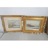 2 X GILT FRAMED WATERCOLOURS: STORMY SEAS SIGNED JS FRASER - 23 X 33CM & BOATS IN THE BAY BY M