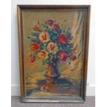 STILL LIFE OF FLOWERS IN VASE FRAMED OIL PAINTING SIGNED GOLEI 91CM X 61 CM