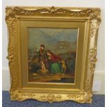 GILT FRAMED OIL PAINTING, MOTHER AND CHILD WITH DOG, UNSIGNED,