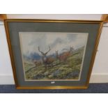 BRIAN RAWLING 'DEER IN THE HIGHLANDS' SIGNED FRAMED WATERCOLOUR 51CM X 59 CM