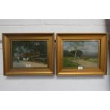 2 GILT FRAMED OIL PAINTINGS OF RURAL SCENES WITH FIGURE,