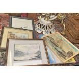 LOT WITHDRAWN PAINTED PORCELAIN LIGHT FITTING & A SELECTION OF PICTURES TO INCLUDE MARTIN ALLEN T