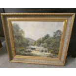 W DICKIE RIVER SCENE SIGNED GILT FRAMED OIL PAINTING 59 X 64.