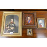 4 FRAMED PORTRAIT MINIATURES OF HISTORICAL FIGURES INCLUDING NAPOLEON, BONNIE PRINCE CHARLIE ETC.