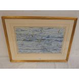 TIMOTHY GREENWOOD 'SEABIRDS' SIGNED GILT FRAMED WATERCOLOUR 28CM X 45 CM