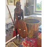 CARVED WOODEN FIGURE OF A TRIBESMAN 70CM TALL & A BRASS LOG BOX WITH LION PAW FEET 38CM TALL -2-