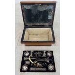 19TH CENTURY LADIES SATINWOOD & MOTHER OF PEARL SEWING CASKET WITH FITTED INTERIOR & CONTENTS