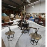 3 BRANCH BRASS CENTRE LIGHT FITTING WITH LANTERN STYLE SHADE & SPHERICAL CENTRE PIECE,