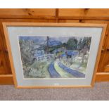 ELSPETH BUCHANAN SCHIEHALLION - A PERTHSHIRE FARM SIGNED FRAMED MIXED MEDIA 37CM X 58CM