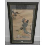 ORIENTAL SCROLL PAINTING, 'ARTIST AND CHILD PAINTING A DRAGON' FRAMED WATERCOLOUR 64 CM X 34.