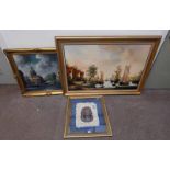 K HAMMOND, FISHING VILLAGE, SIGNED, GILT FRAMED OIL PAINTING,