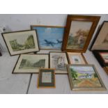 VARIOUS PRINTS, WATERCOLOURS, ETC TO INCLUDE; ALAN HEPBURN, STAIRCASE, SIGNED, FRAMED WATERCOLOUR,