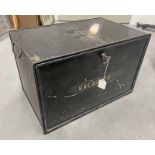 19TH/20TH CENTURY METAL DEEDS BOX MARKED 'SALARIES' TO FRONT, WITH KEY, 35CM TALL,