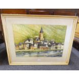 CHARLES FORRET ALPINE TOWN SIGNED FRAMED WATERCOLOUR 49 CM X 74 CM