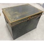 LATE 19TH OR EARLY 20TH CENTURY METAL DEEDS BOX WITH DECORATIVE GILT DESIGN TO TOP (NO KEY) 35.