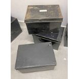 3 19TH/20TH CENTURY METAL DEEDS BOXES, LARGEST 48CM WIDE,