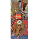 BRASS ARTILLERY SHELL, VIEW MASTER 3 DIMENSION VIEWER IN BOX, WALL BAROMETER BRUSH RACK,