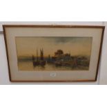 P WATTS FISHERMAN AT DUSK SIGNED, DATED 1913 FRAMED WATERCOLOUR 24.5 X 51.