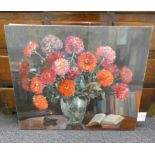 LUCY NEUSTEIN FLOWERS IN VASE SIGNED & DATED 1957 UNFRAMED OIL PAINTING 60CM X 73 CM