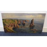 DONALD SHEARER - (ARR) 'CLIFFSIDE SCENE' SIGNED UNFRAMED OIL PAINTING 50CM X 100CM