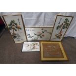 SELECTION OF FRAMED ORIENTAL EMBROIDERIES FEATURING VARIOUS BIRDS AND SYMBOLS,
