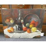 LUCY NEUSTEIN FRUIT AND WINE SIGNED AND DATED 1957 UNFRAMED OIL PAINTING 50 CM X 65 CM