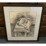 FRAMED CHARCOAL DRAWING OF A NUDE LADY IN A BED. PROV STUDIO OF ALBERTO MORROCCO 40CM X 30.