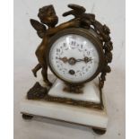BRASS & MARBLE CLOCK DECORATED WITH A CHERUB, FLOWERS & DOVE,