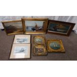 SELECTION OF OIL PAINTING, PRINTS ETC TO INCLUDE; GILT FRAMED OIL PAINTING OF A 'HIGHLAND SCENE',