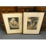 W S BAGDATOPOULOS, MAN SMOKING PIPE & TEMPLE SCENE, BOTH SIGNED IN PENCIL, 2 FRAMED ETCHINGS,